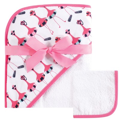 Hudson Baby Infant Girl Cotton Hooded Towel and Washcloth 2pc Set, Fancy Flamingo, One Size