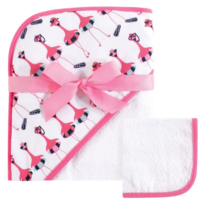 Hudson Baby Infant Girls Cotton Hooded Towel and Washcloth 2pc Set, Fancy Flamingo, 1 of 3
