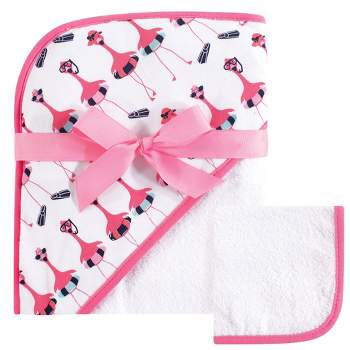 Hudson Baby Infant Girls Cotton Hooded Towel and Washcloth 2pc Set, Fancy Flamingo