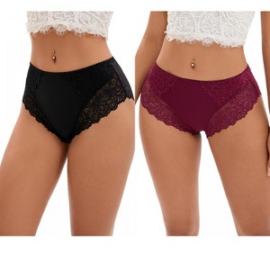 INSPIRE CHIC 2 Pcs Women's Wide Lace Trim Mid-Waisted Underwear Plus Size Full Coverage Comfortable Briefs - 1 of 4
