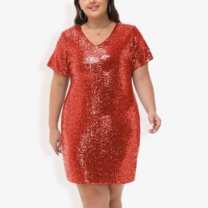 Anna-Kaci Women's Plus Size V-Neck Short Sleeve Sequin Party Dress - 1 of 4