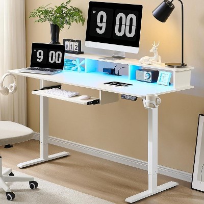 SinCiDo Height Adjustable Electric Standing Desk with Charging Station, 60" Sit Stand Up Computer Home Office Desk with LED Lights, Antique White