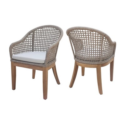 Set of Two Teak and Wicker Outdoor Dining Chairs with Cushions