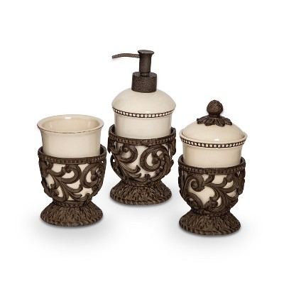 GG Collection Cream Ceramic Three-Piece Vanity Set With Acanthus Leaf Metal Bases