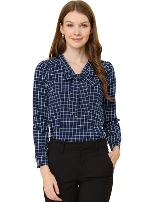 Allegra K Women's Work Elegant Bow Tie Neck Puff Long Sleeve Plaid Shirt