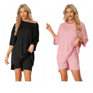 INSPIRE CHIC Women's 2 Pcs Knit Loungewear 3/4 Sleeve T-Shirt with Bike Shorts Pajama Set - 1 of 4