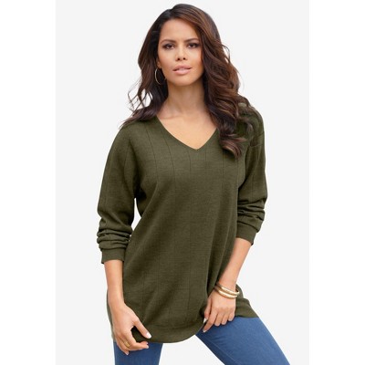 Roaman's Plus Size Drop Needle V-Neck Lightweight Sweater Knit
