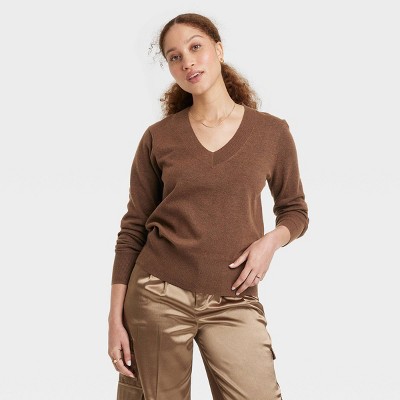 Women's Fine Gauge V-Neck Sweater - A New Day™ Brown S