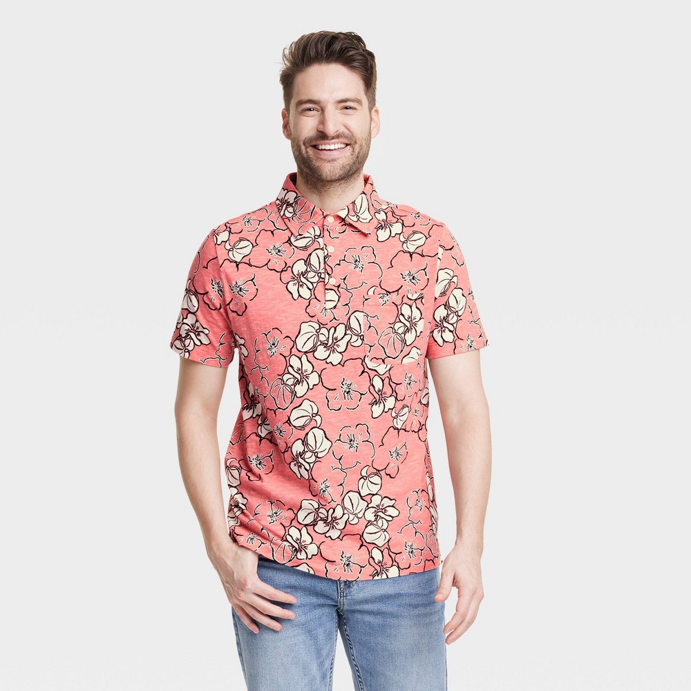 Men's Regular Fit Short Sleeve Slub Jersey Polo Shirt - Goodfellow & Co™ Coral Pink/Floral Print XL -  87130889