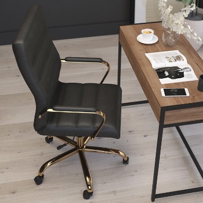 Elegant High-Back Black Faux Leather Office Chair with Gold Accents