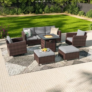 Sonkuki 6-Piece Patio Sofa with Square Fire Pit Table and Swivel Rocking Chairs, Conversation Couch with Cushion - 1 of 4