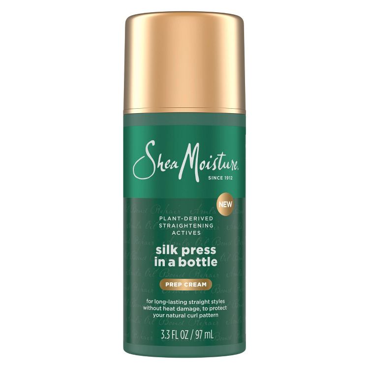 Green and gold colored bottle labeled "SheaMoisture Silk Press in a Bottle Prep Cream" with 3.3 FL OZ / 97 mL text.