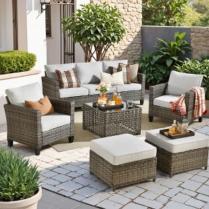 XIZZI Outdoor Sectional Sofa Set, Modular Outdoor Gray Wicker Sofa Set with Optional Solar Table, Ottomans or Fire Pit in 6 Colors, All-Weather Design - 1 of 4