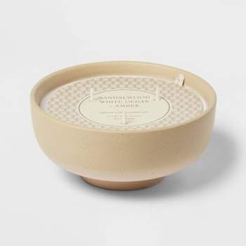 3-Wick Textured Ceramic Sandalwood White Cedar + Amber Footed Jar Candle Beige 13oz - Threshold™