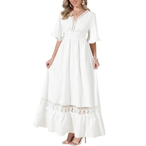 INSPIRE CHIC Women's V Neck Lace Ruffle Half Sleeve Boho Wedding Flowy A-Line Maxi Dress - 1 of 4