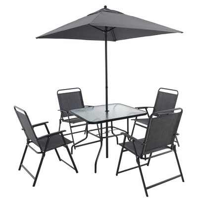 6-Piece Patio Dining Set, Patio Furniture Set With 4 Folding Dining Chairs, Square Table, Umbrella, Tempered Glass Table Top, Outdoor Dining Set