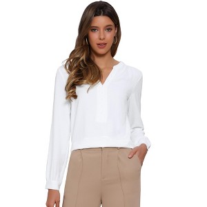 INSPIRE CHIC Women's Long Lantern Sleeve V Neck Button Front Dressy Top - 1 of 4