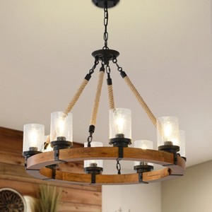 BAOURE Rustic Farmhouse Wagon Wheel Chandelier with Seeded Glass Shade, 6 Light Round Wood Pendant Light for Dining Room Living Room Foyer, Brown 21in - 1 of 4