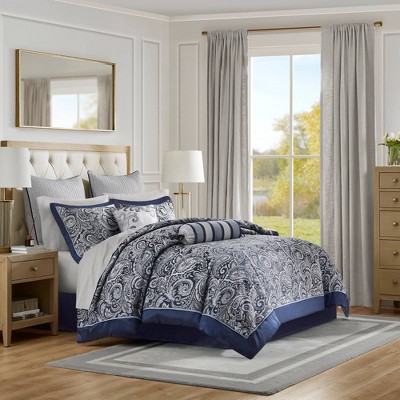 King Navy Blue Cotton Paisley Bed in a Bag Set