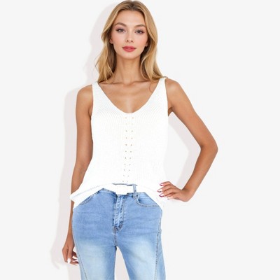 Anna-Kaci Women's V-Neck Knit Tank Top With Eyelet Detail