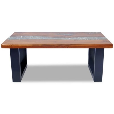 Rustic Teak and Mango Wood Coffee Table with Resin Inlay