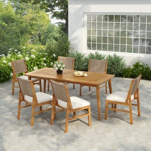 Christopher Knight Home Lucinda 7 Piece Patio Rustic Acacia Wood Dining Set with Wicker Woven Chair - 1 of 4