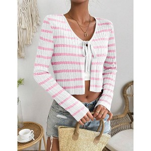 Womens Tie Front Stripe Cardigans Summer Long Sleeve Knit Shrug for Dress Sweaters Crop Tops - 1 of 3