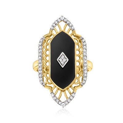 Ross-Simons Black Onyx and 0.30 ct. t.w. White Topaz Ring in 18kt Gold Over Sterling
