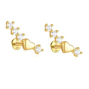 Heart Crawler CZ Flat Back Earrings for Cartilage Helix Tragus Lobe Gold Plated Sterling Silver 1 pair by Ginger Lyne - 1 of 4