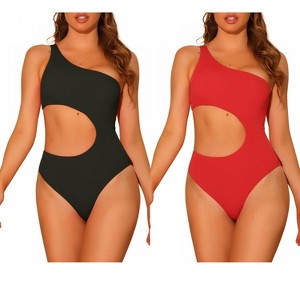 Elerevyo Women's One Shoulder Monokini Asymmetric Waist Cutout Solid Swimwear Bathing Suit 2 Sets - 1 of 4