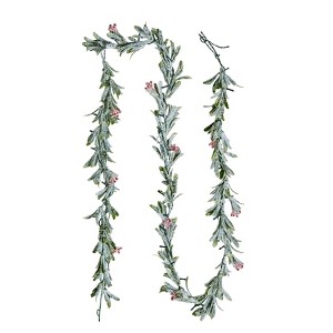 9-Foot Christmas Garland with LED Lights, Olive Leaves, Red Berries, and Flexible PE Design - 1 of 4