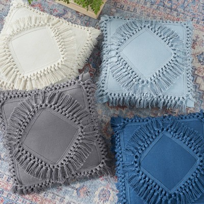 Charcoal Cotton Diamond Fringe 18" Square Throw Pillow