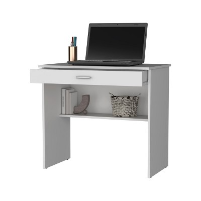 Vynxaria Minimalist White Storage Desk - Roomy Top Surface, Sizable Drawer, Additional Shelf