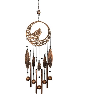 Rustic Copper Wolf Dreamcatcher Wind Chime with Feathers