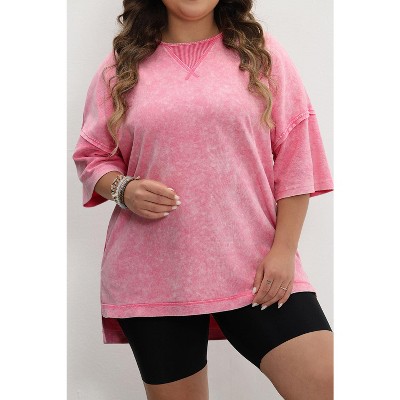 I AM A FASHION JUNKY Strawberry Pink Mineral Wash Drop Sleeve Patchwork Plus Size Tee