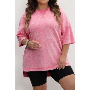 I AM A FASHION JUNKY Strawberry Pink Mineral Wash Drop Sleeve Patchwork Plus Size Tee - 1 of 4