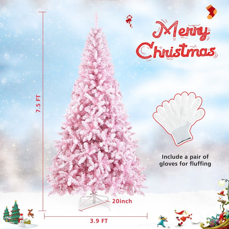 Costway 7.5FT Pre-Lit Snow Flocked Pink Christmas Tree 1100 Tips w/ 450 Lights & 8 Modes, 4 of 14