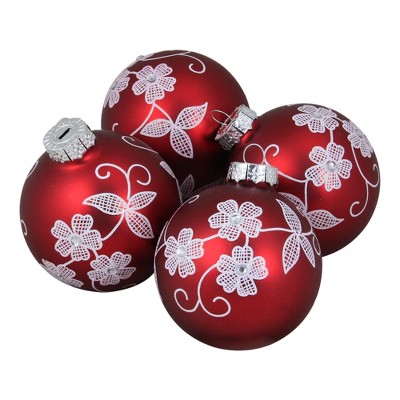 Northlight Jeweled Flower Vines Christmas Glass Ball Ornaments - 3.25" (100mm) - Red and White - 4ct