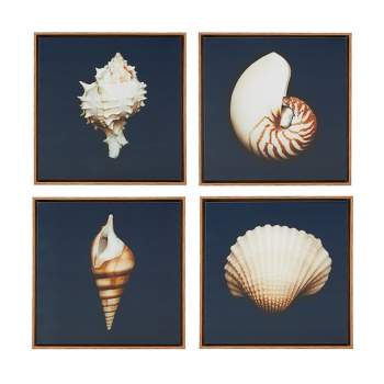 (Set of 4) 12" Square Ocean Seashells Framed Canvas Decorative Wall Art Set Blue