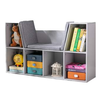 HOUSUIT 43.3 Kids Reading Nook Bench, Nursery Bookshelf and Bookcase with  Seat Cushion, 6-Cubby Book Shelf Storage Organizer for Playroom, Bedroom