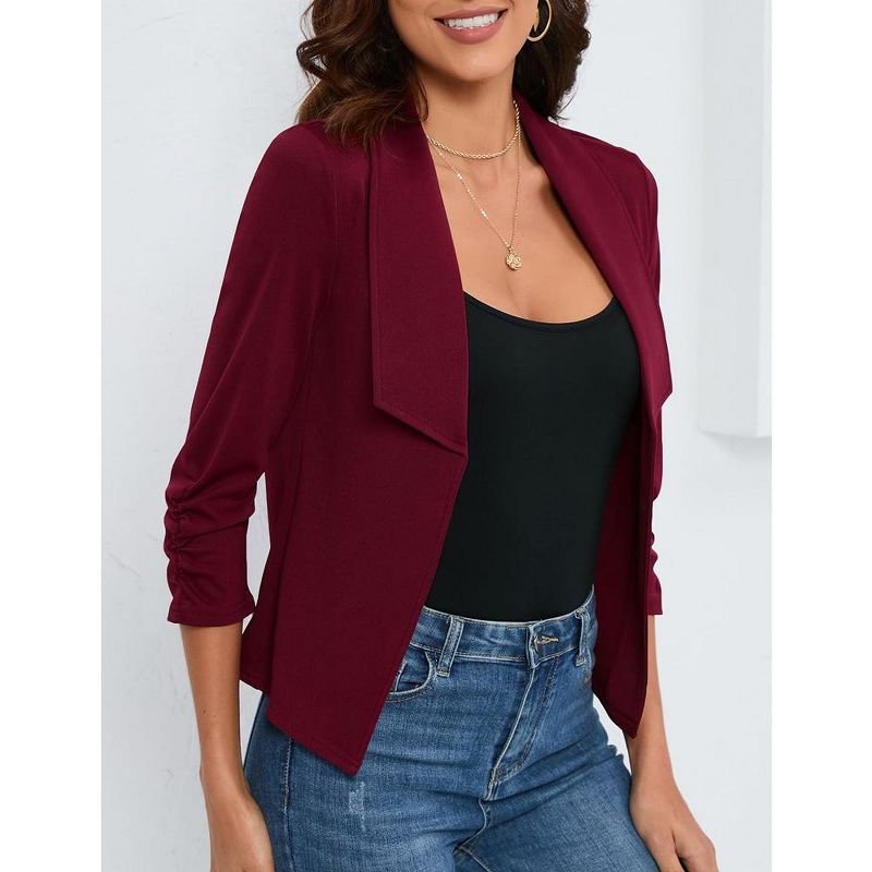 Whizmax Women's 3/4 Sleeve Blazer Casual Open Front Cardigan Shrugs Ruched Sleeve Office Cropped Blazer Jacket, 4 of 8