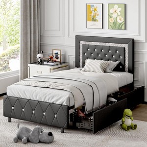 Bed Frames with LED Lights and Storage Drawers, Upholstered Bed Frame with Diamond Headboard, No Box Spring Needed - 1 of 1