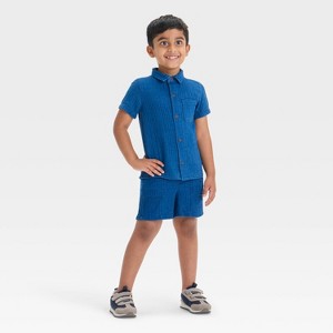 Toddler Boys' Short Sleeve Button-Up and Pull-On Shorts Set - Cat & Jack™ Medium Wash - 1 of 4