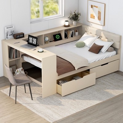 NicBex Full Size Daybed Modern Wooden Bed Frame with 2 Drawers, 5 Shelves, Upholstered Headboard and Ports for Bedroom, No Box Spring Required
