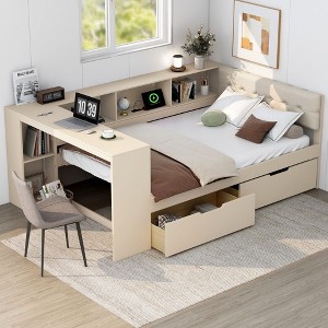 CAVINAS Twin Size Bed Modern Wooden Bed Frame with 2 Storage Drawers, 5 Shelves and Upholstered Headboard for Bedroom - 1 of 4