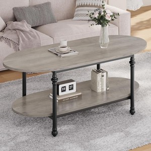 Coucheta 47" Oval Coffee Table - 2-Tier Rustic Grey Storage with Metal Legs for Living Room & Office - 1 of 4