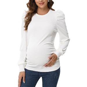 Pregnancy Shirts Women's Knit Ribbed Maternity Top Casual Mock Neck Puff Long Sleeve Ruched Tunic Pullover Shirt for Pregnant Women Green1long 2XL - 1 of 2
