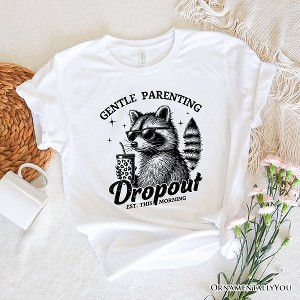 Gentle Parenting Dropout Raccoon T-Shirt, Tired Parent Humor Retro White and Natural Mom Tee| OrnamentallyYou - 1 of 4