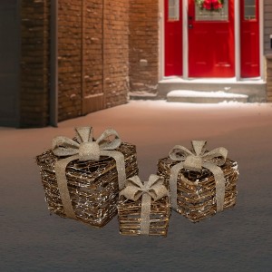 Northlight Lighted Rattan Gift Boxes with Burlap Bows Christmas Decorations - 9" - Set of 3 - 1 of 4