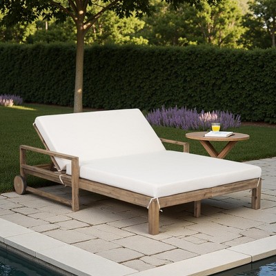Outdoor Patio Solid Wood Double Daybed Sunbed with Adjustable Backrest and Wheels